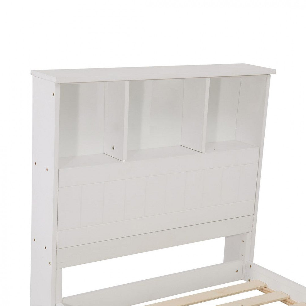 Single Size Solid Pine Timber Bed Frame with Bookshelf Headboard- White