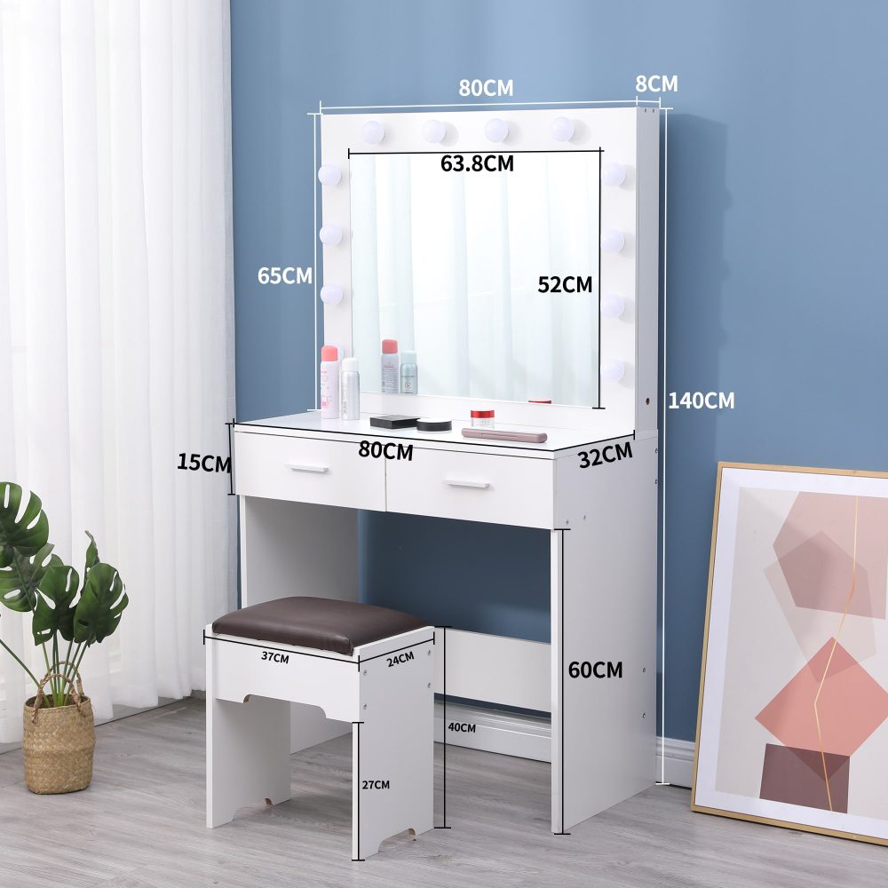 Fidel Vanity Set with Cushioned Stool and Lighted Mirror- White