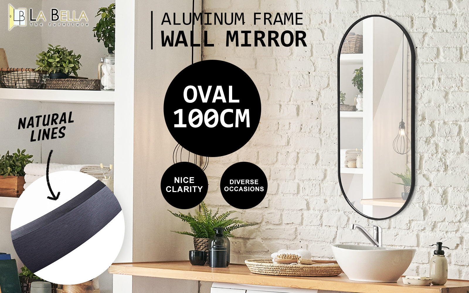 La Bella Black Wall Mirror Oval Aluminum Frame Makeup Decor Bathroom Vanity 45x100cm