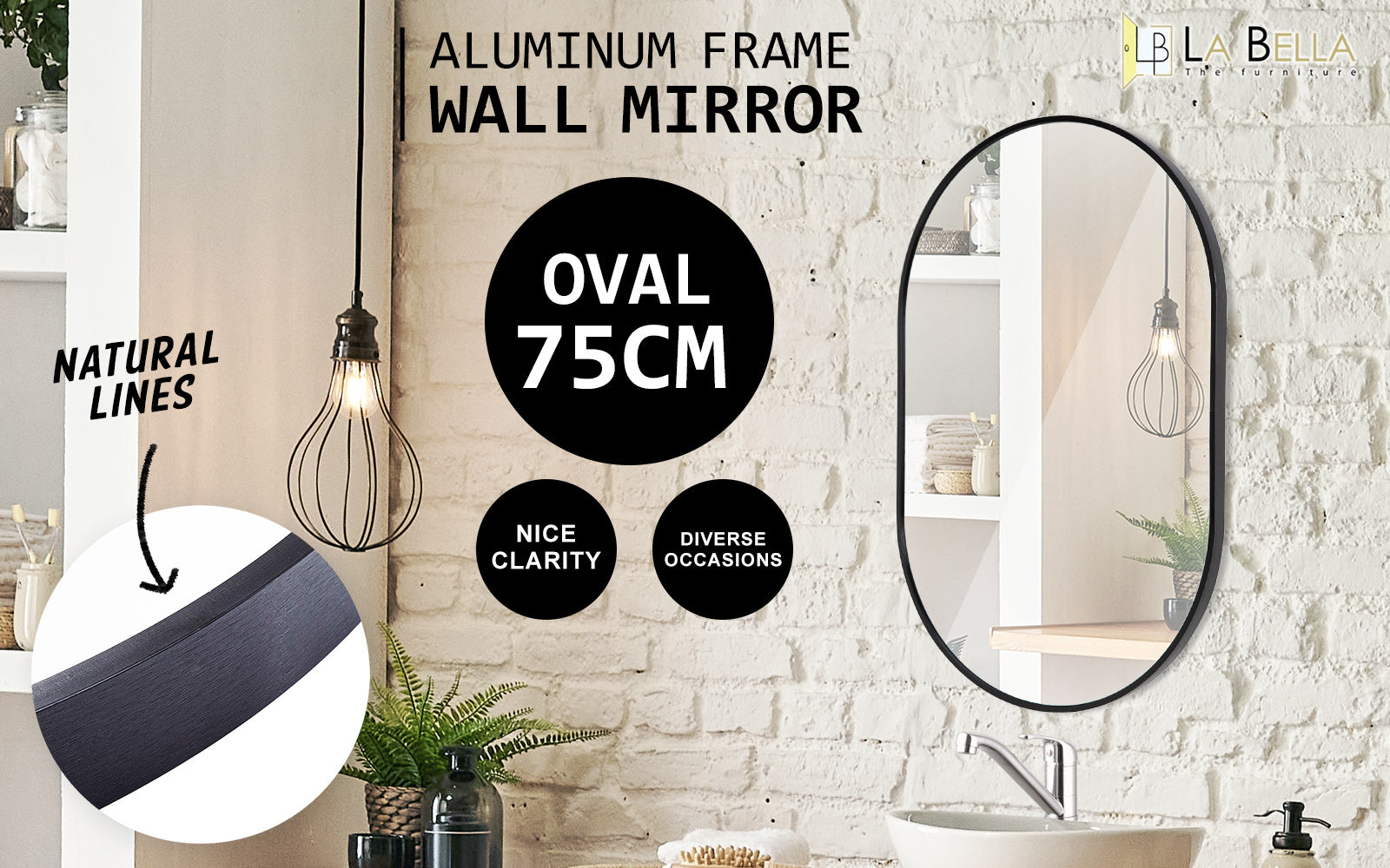 La Bella Black Wall Mirror Oval Aluminum Frame Makeup Decor Bathroom Vanity 50x75cm