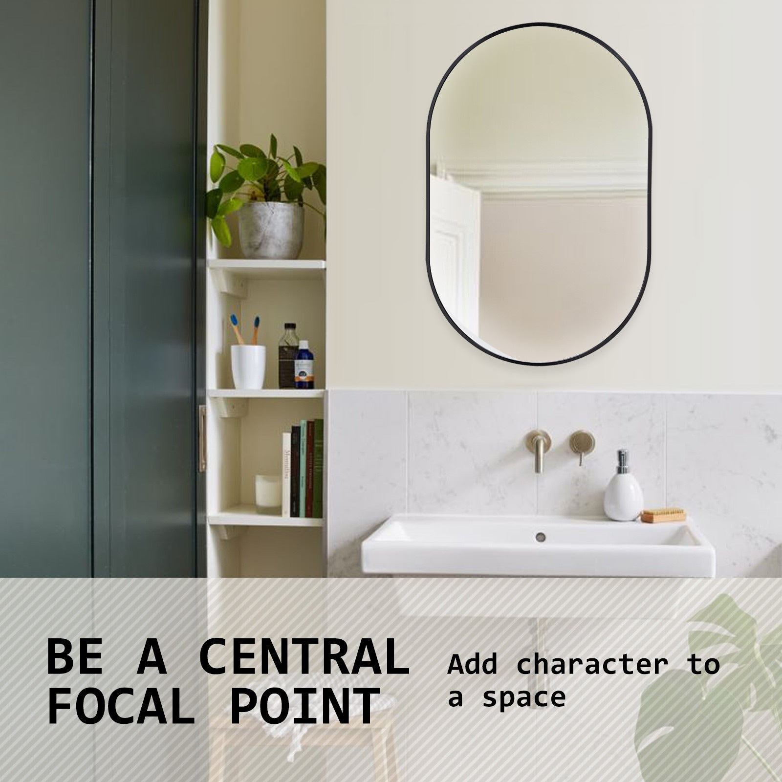 La Bella Black Wall Mirror Oval Aluminum Frame Makeup Decor Bathroom Vanity 50x75cm