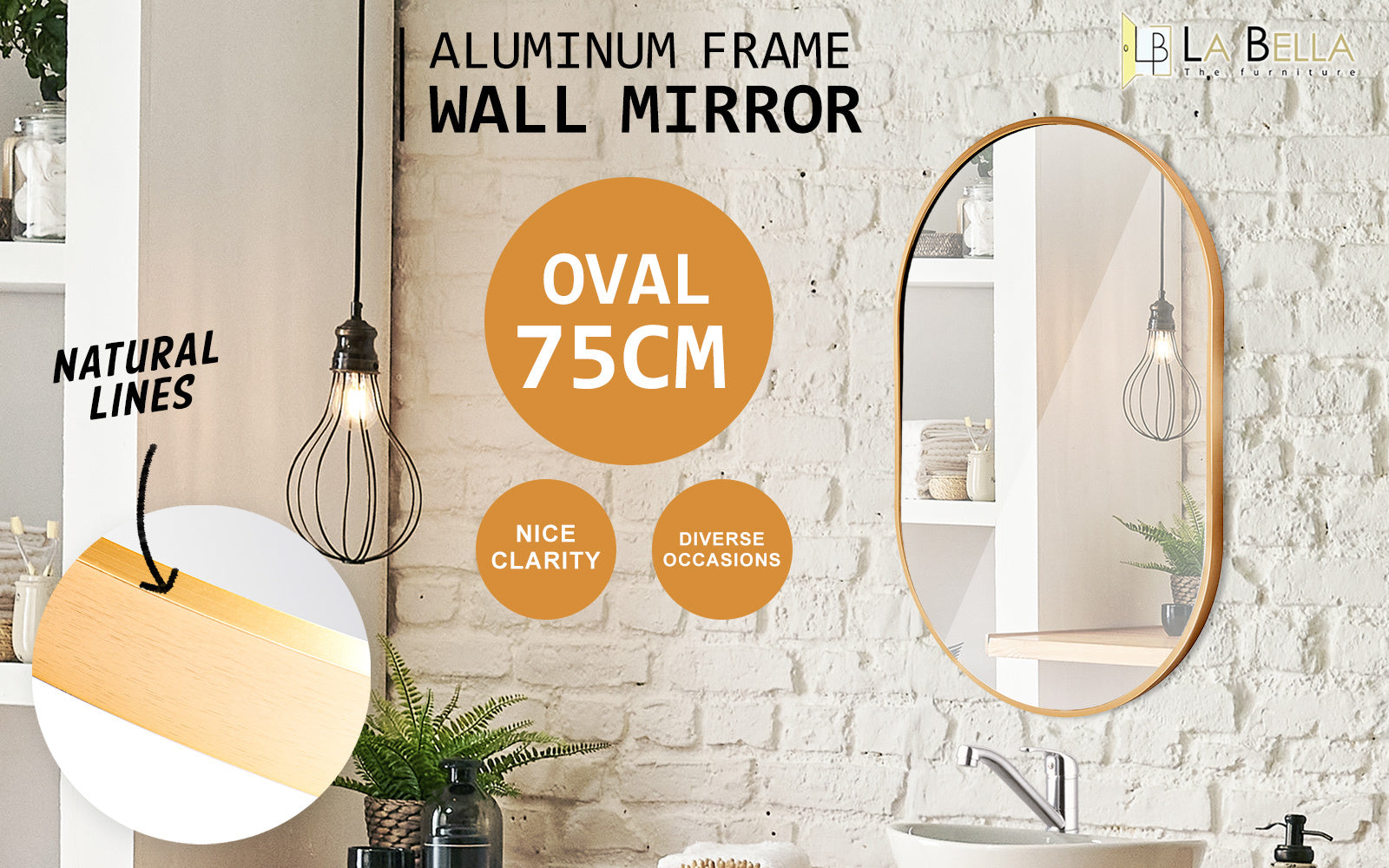 La Bella Gold Wall Mirror Oval Aluminum Frame Makeup Decor Bathroom Vanity 50x75cm