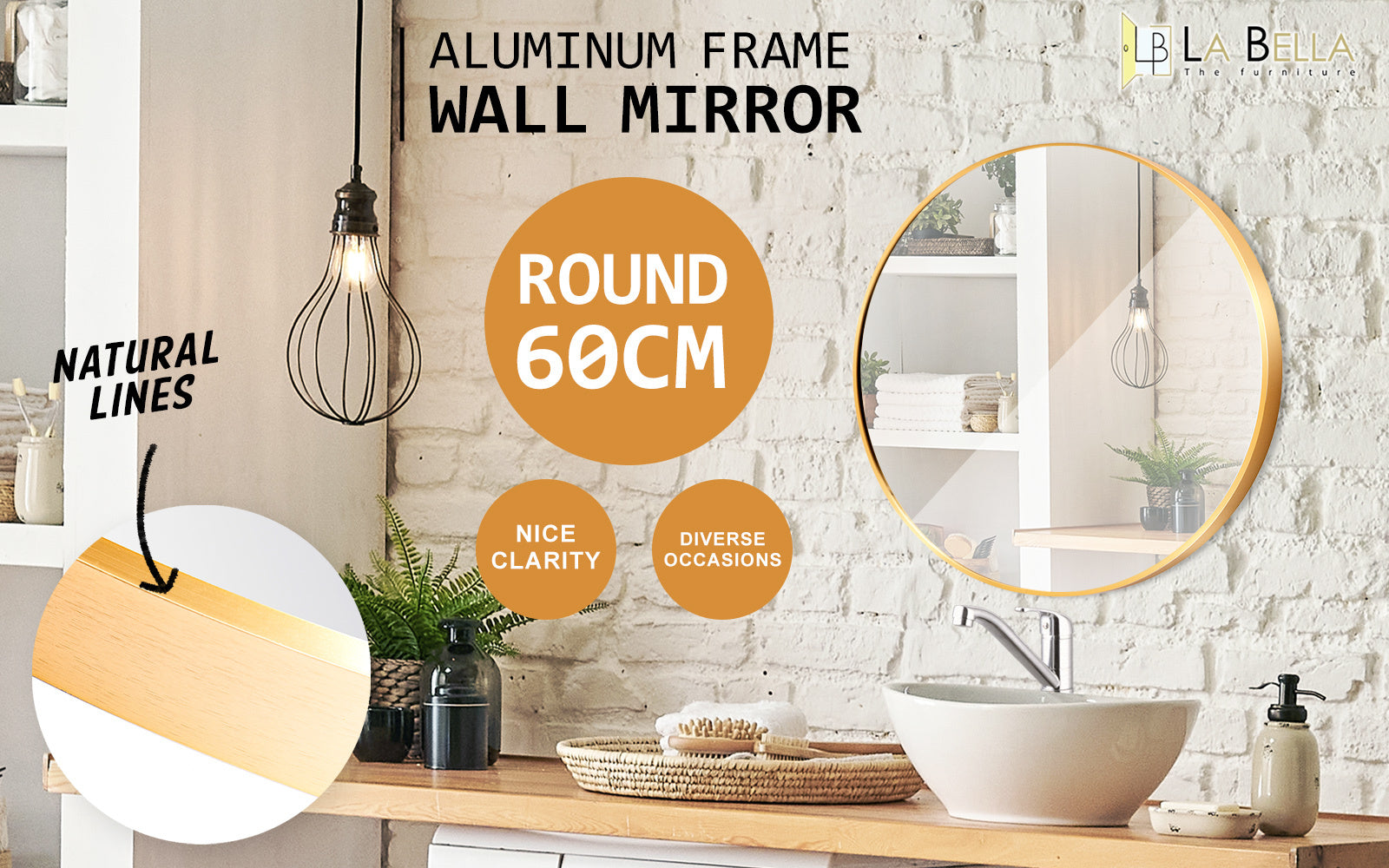 La Bella Gold Wall Mirror Round Aluminum Frame Makeup Decor Bathroom Vanity 60cm