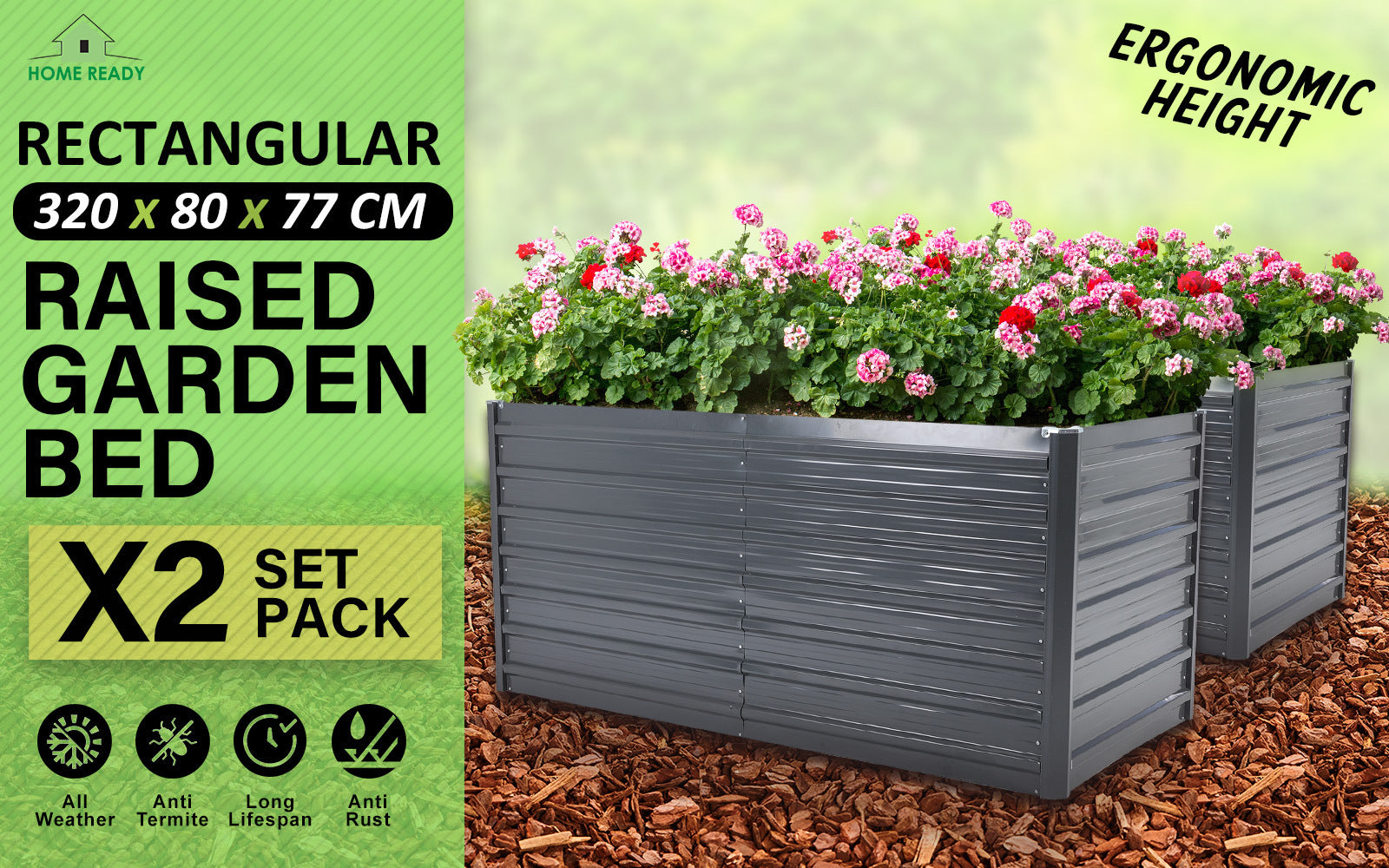 2 Set 320 x 80 x 77cm Grey 2-in-1 Raised Garden Bed Galvanised Steel Planter