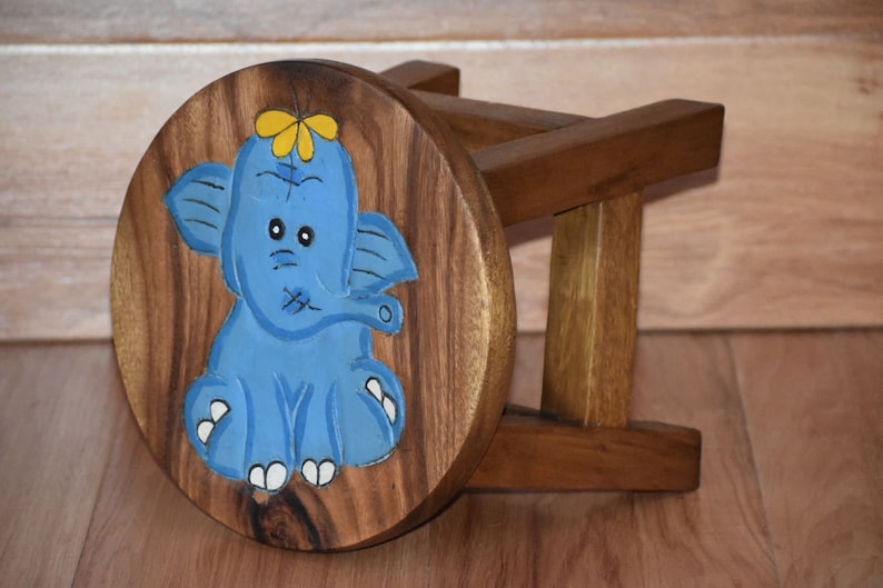 Children's Wooden Stool Blue Baby ELEPHANT Themed Chair Toddlers Step sitting Stool