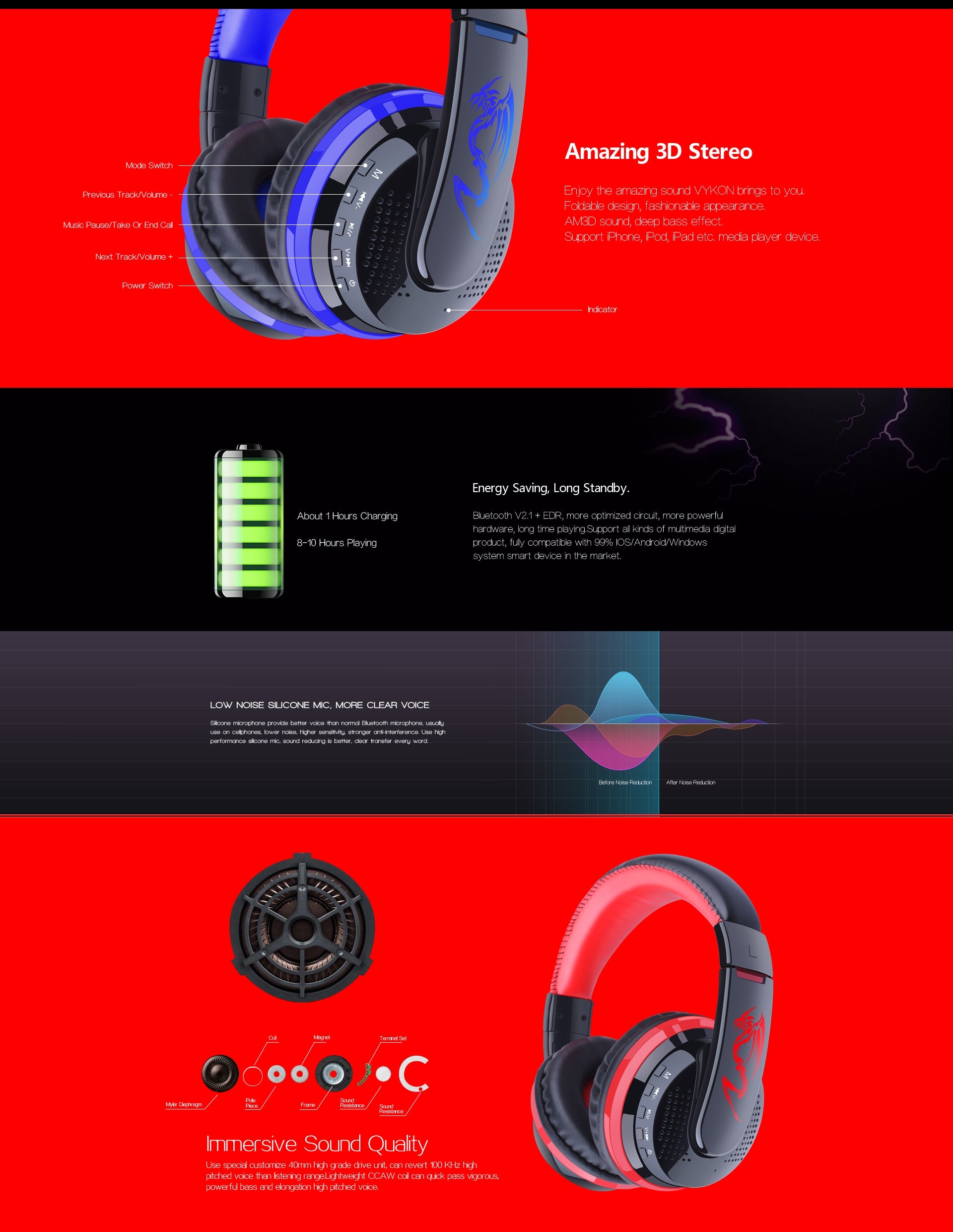 OVLENG MX666 Wireless Bluetooth Music Headphones with Mic Noise Canceling - Red