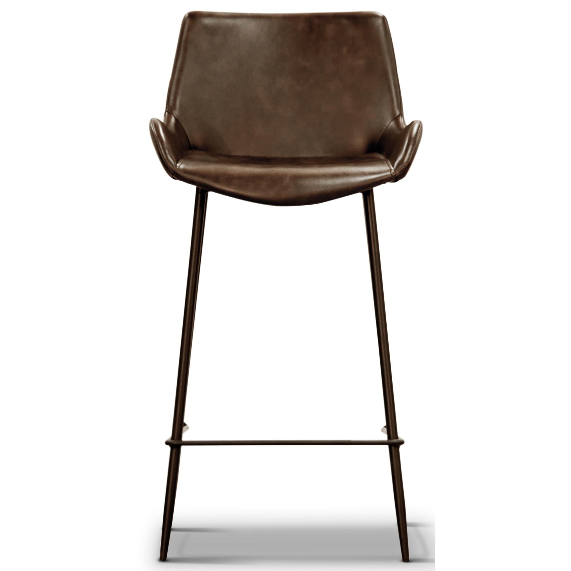 Set of 2 PU Leather Upholstered Bar Chair Metal Leg Stool - Brown