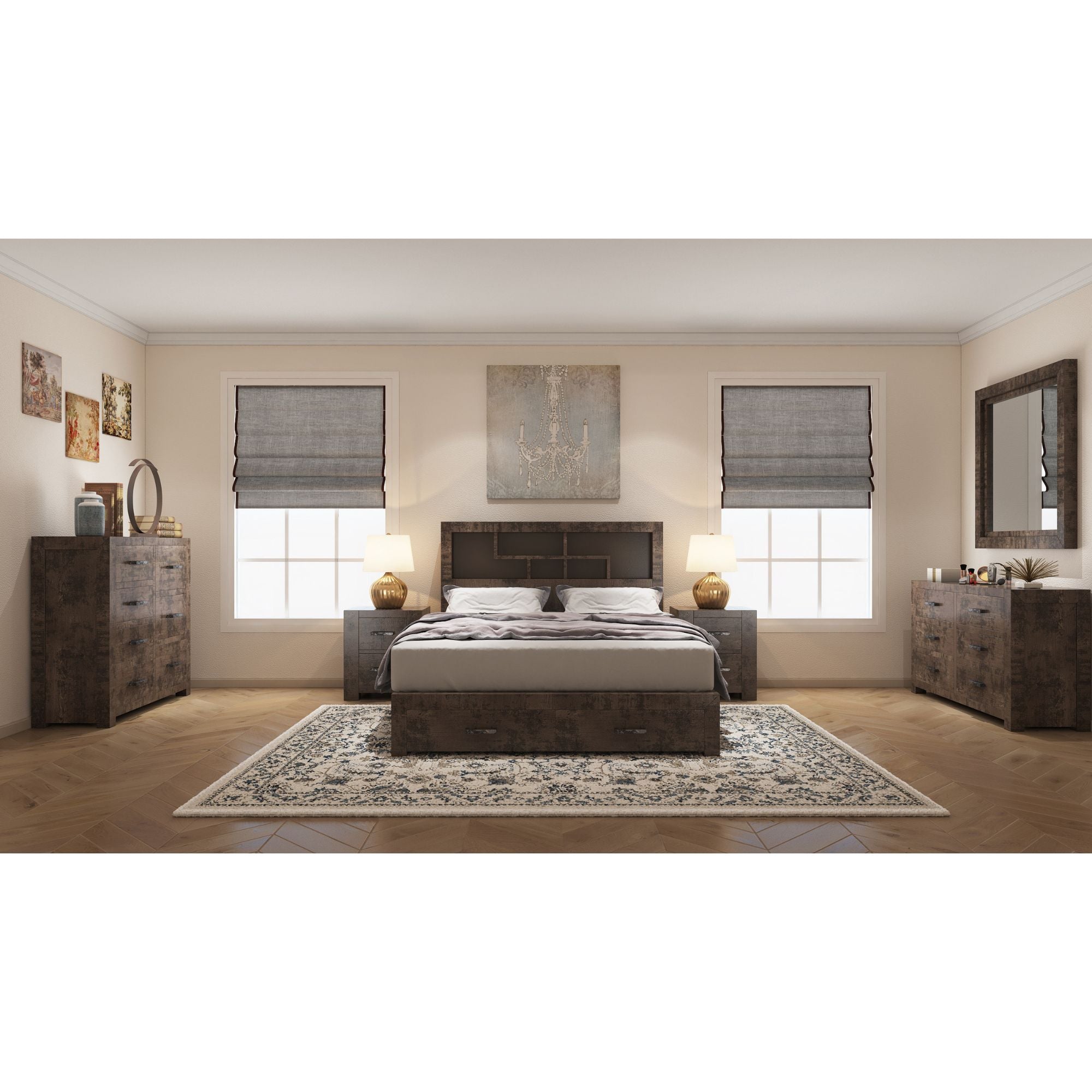 5pc King Bed Suite Bedside Dresser Bedroom Furniture Package Grey Stone