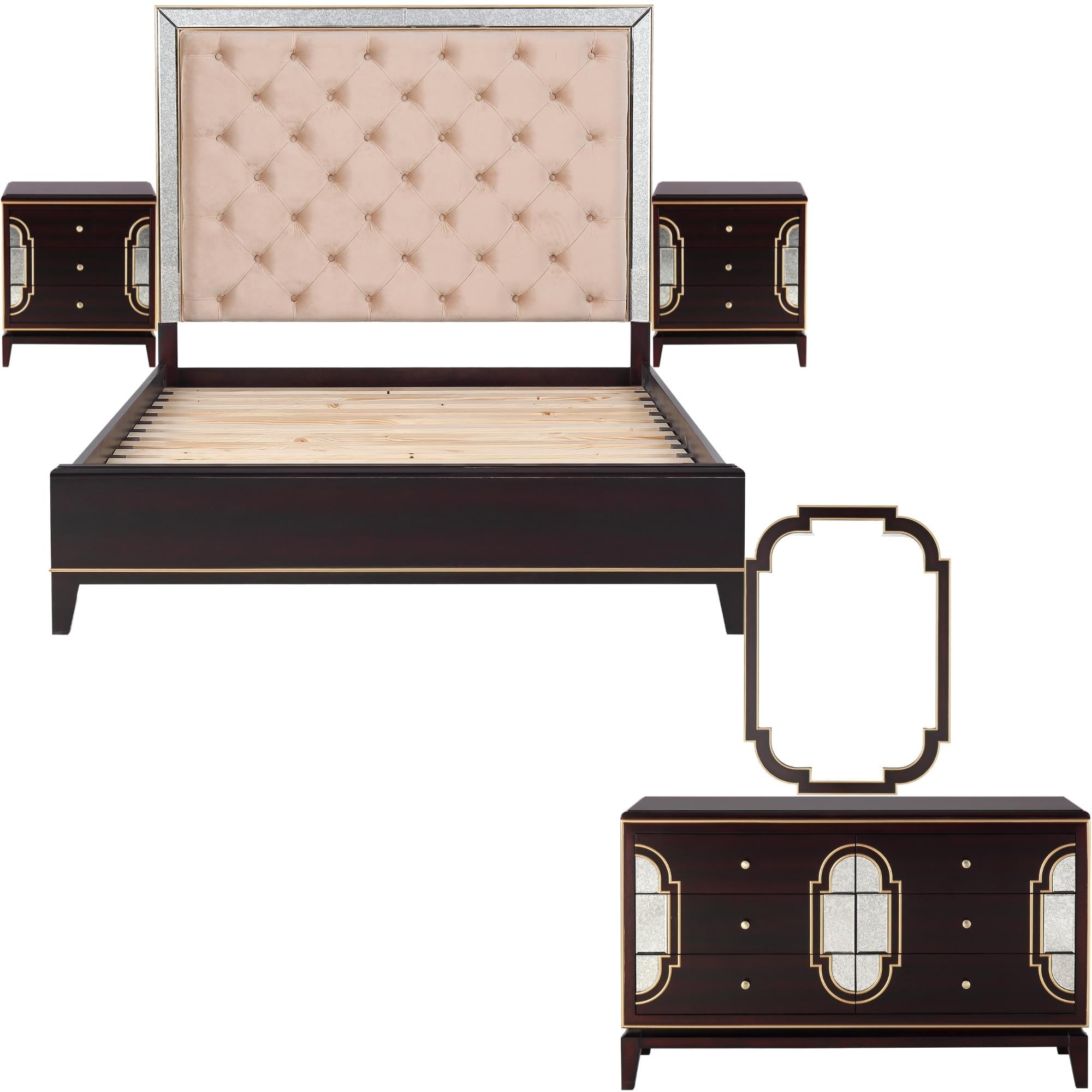 5pc King Bed Frame Bedroom Suite Timber Bedside Dresser Mirror Package