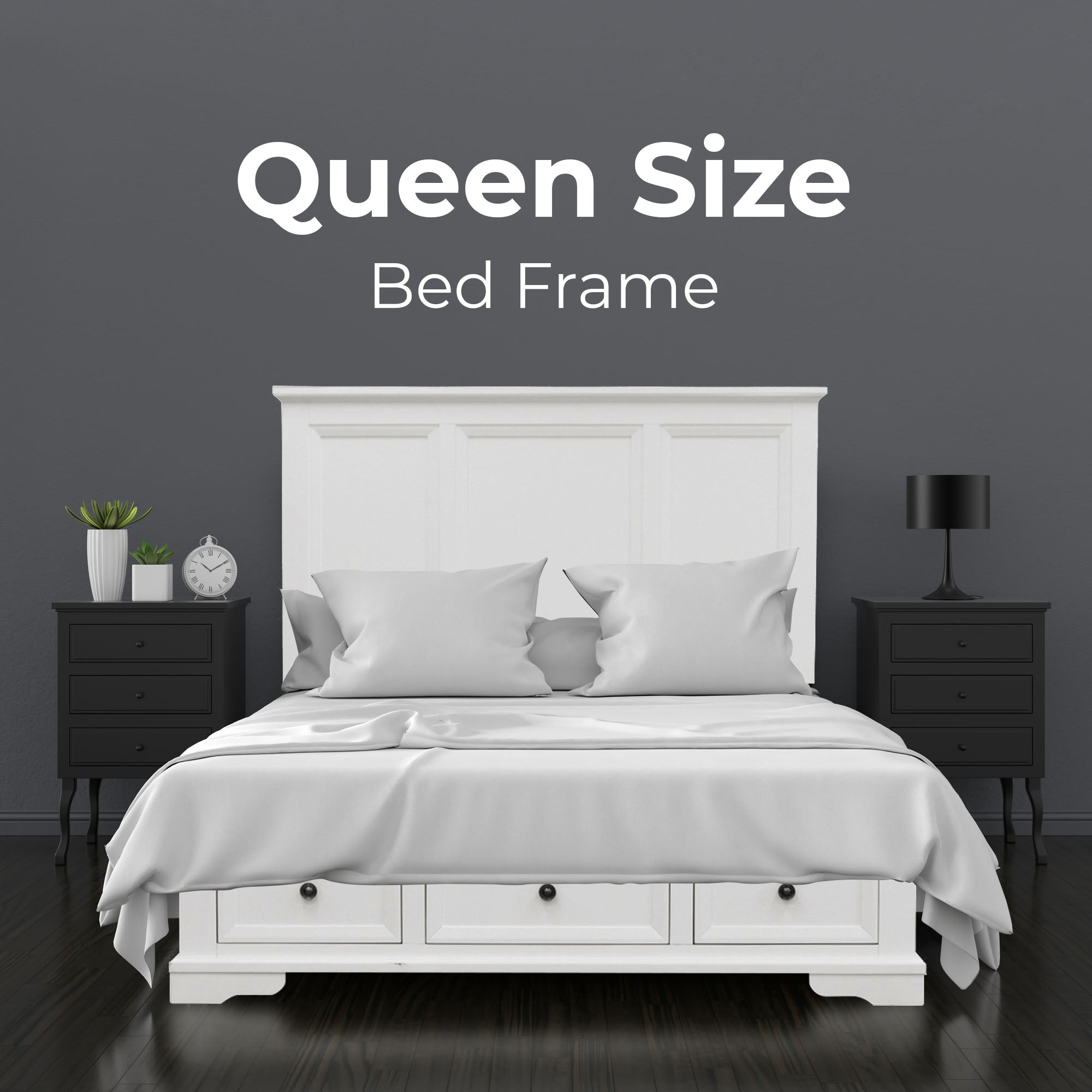 4pc Queen Bed Frame Bedroom Suite Timber Bedside Tallboy Package - White