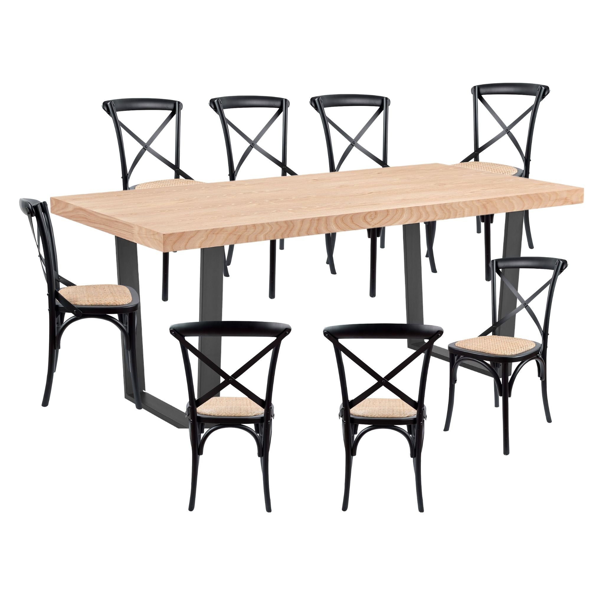 9pc 210cm Dining Table Set 8 Cross Back Chair Elm Timber Wood Metal Leg
