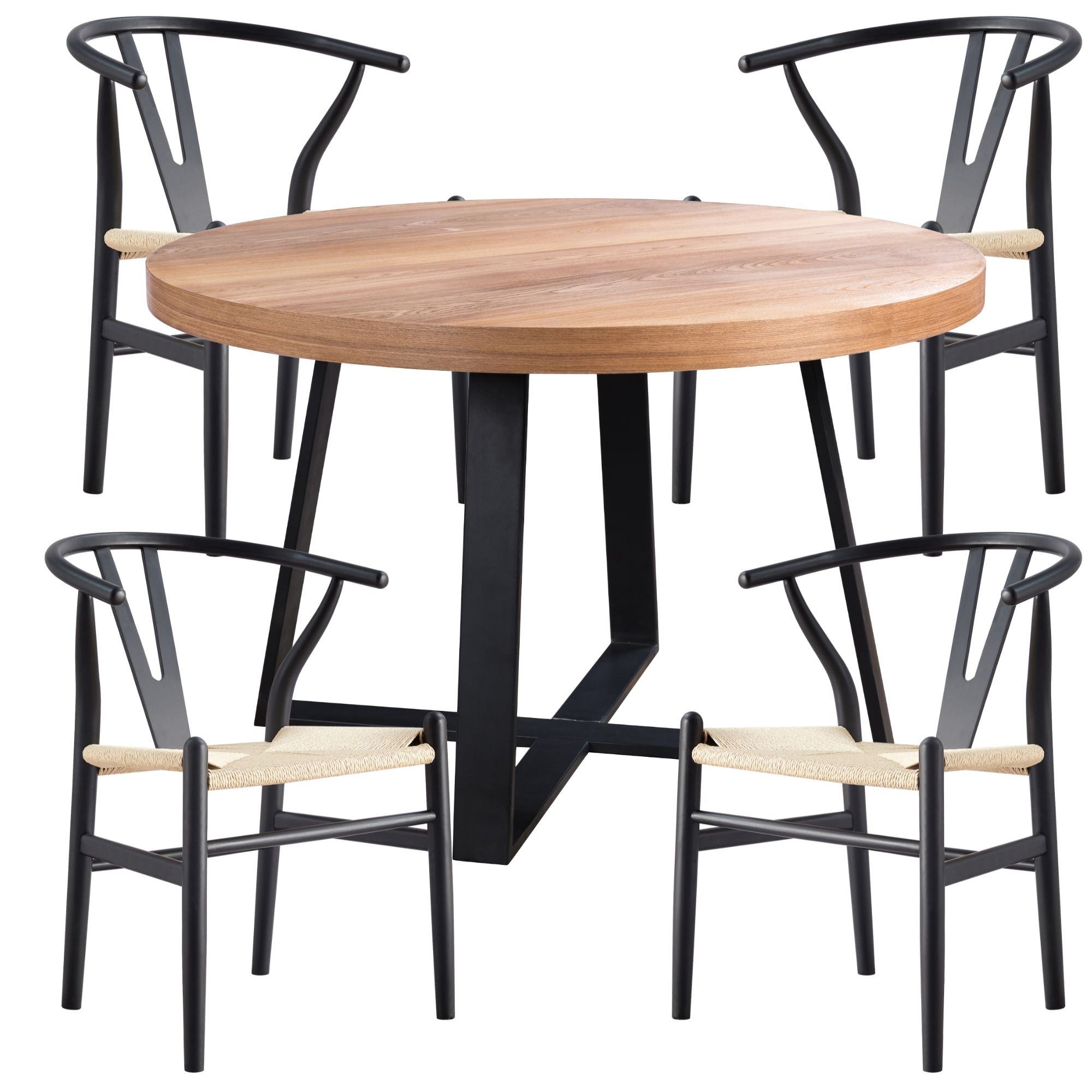 5pc 120cm Round Dining Table Set 4 Wishbone Chair Elm Timber Wood