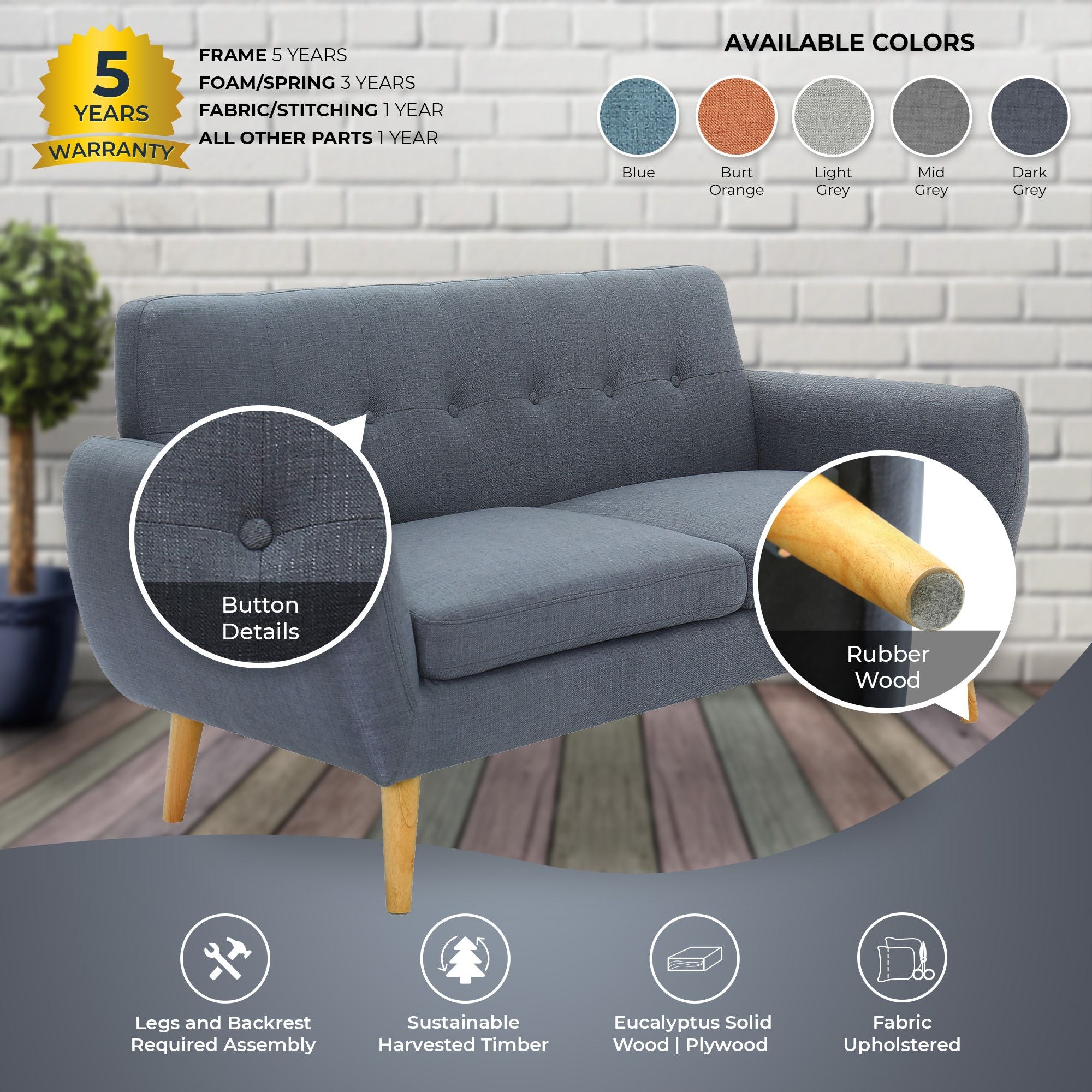 Dane 3 + 1 + 1 Seater Fabric Upholstered Sofa Armchair Lounge Couch - Dark Grey