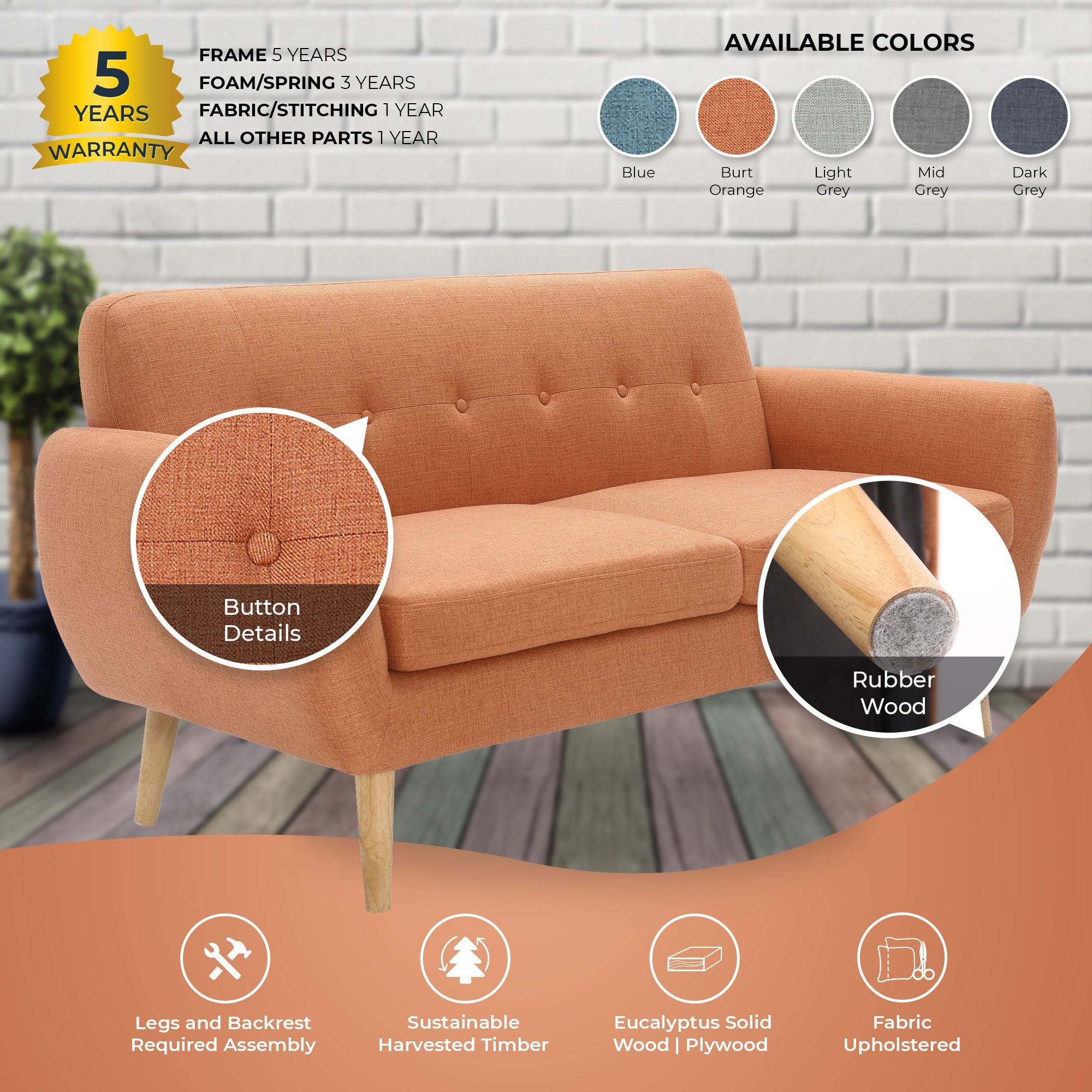 Dane 3 Seater Fabric Upholstered Sofa Lounge Couch - Orange