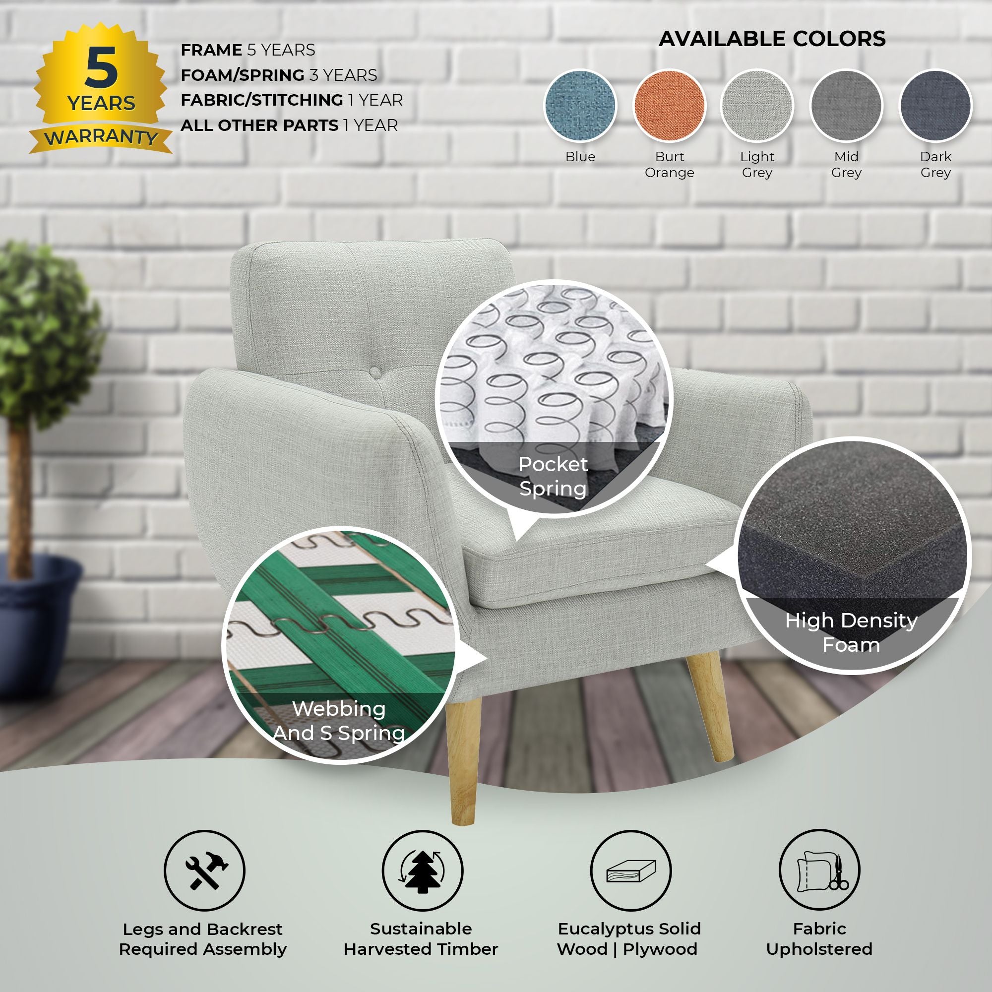 Dane Single Seater Fabric Upholstered Sofa Armchair Set of 2 - Light Grey