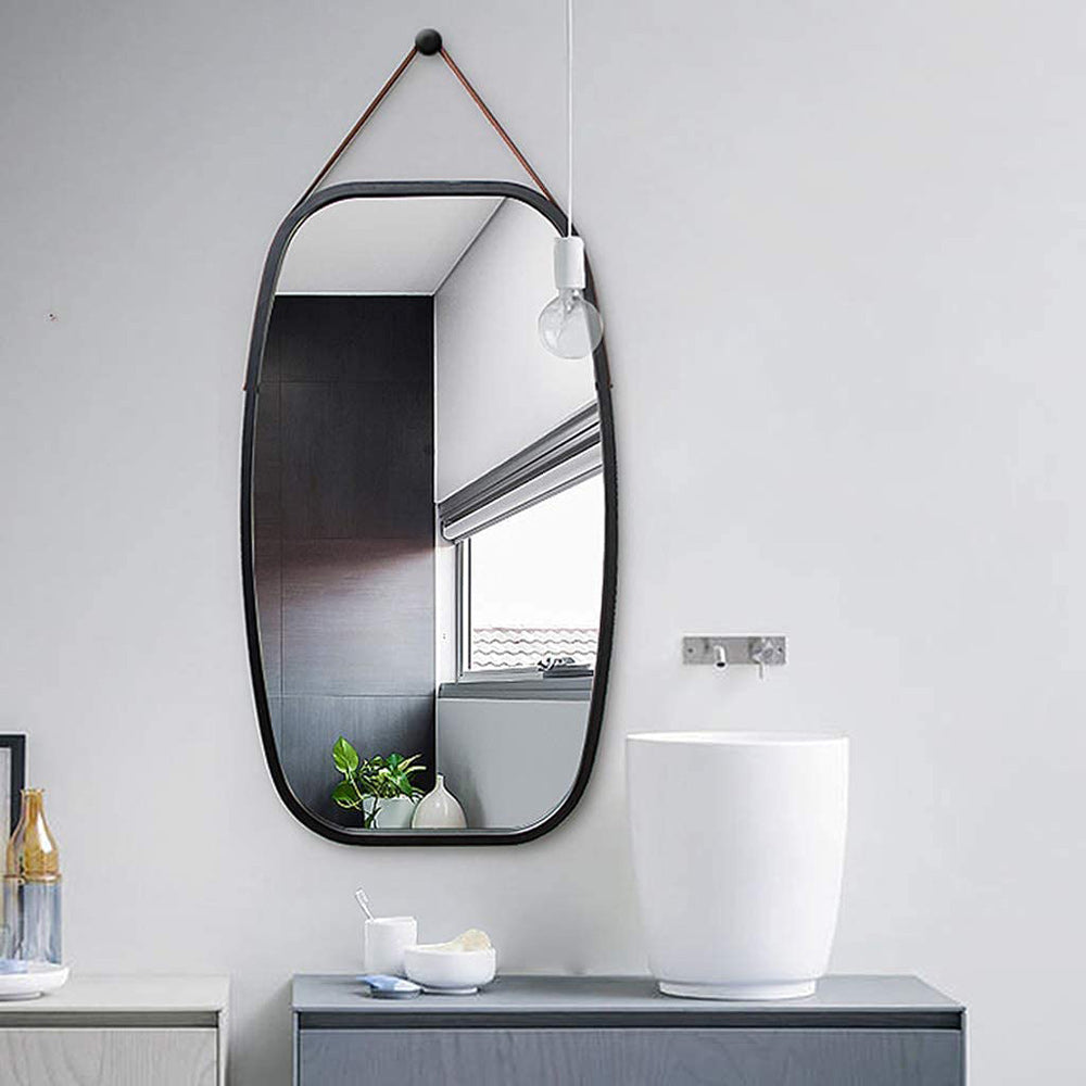 Black Bathroom Wall Mount Hanging Bamboo Frame Mirror Adjustable Strap Wall Mirror