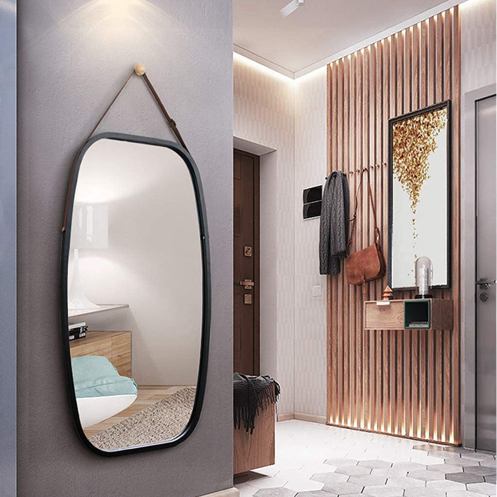 Black Bathroom Wall Mount Hanging Bamboo Frame Mirror Adjustable Strap Wall Mirror