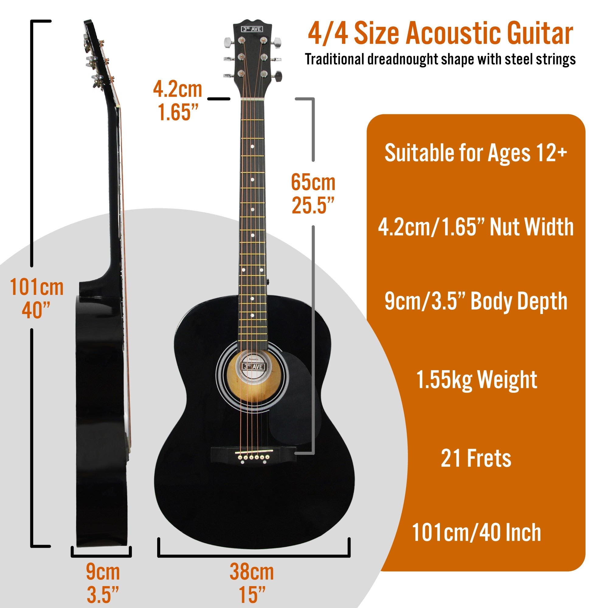 3rd Avenue Acoustic Guitar Premium Pack - Black