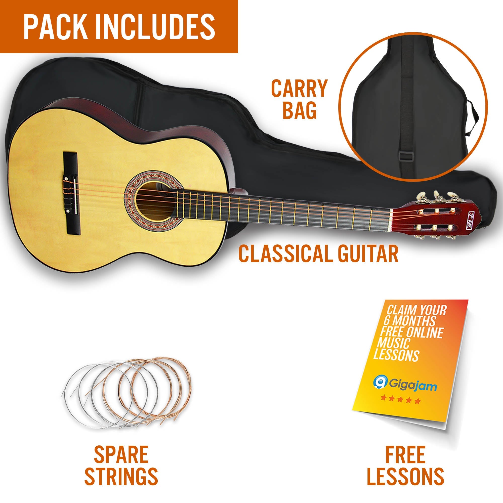 3rd Avenue 3/4 Size Classical Guitar Pack - Natural