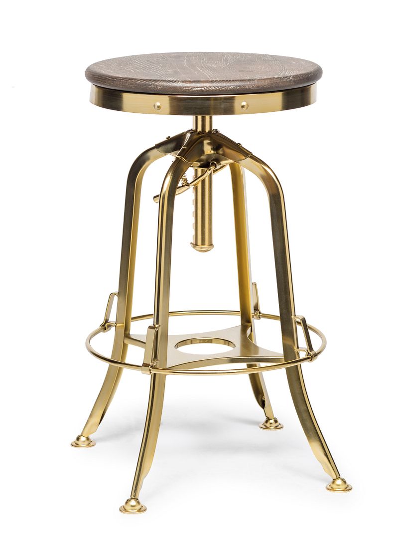 Industrial Height Adjustable Swivel Bar Stool with Oak Wood Top - Gold Finish