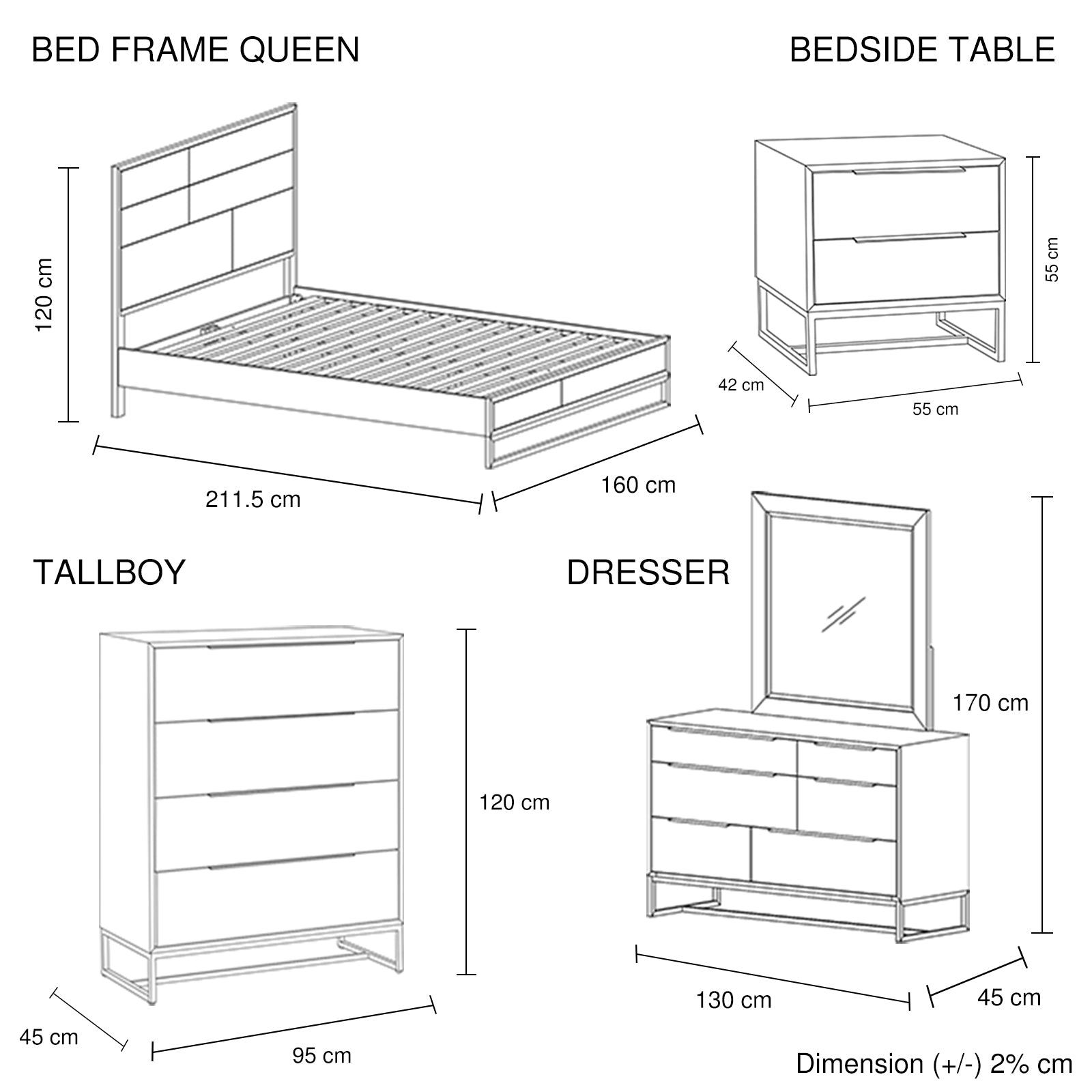 5 Pieces Queen Size Bedroom Suite made in Solid Wood