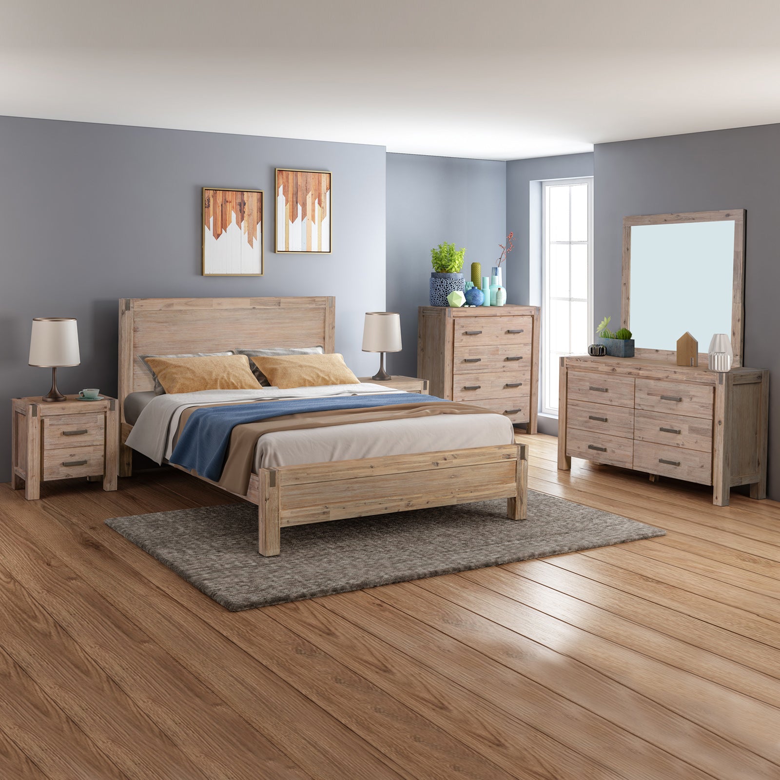 5 Pieces Queen Size Bedroom Suite in Solid Wood