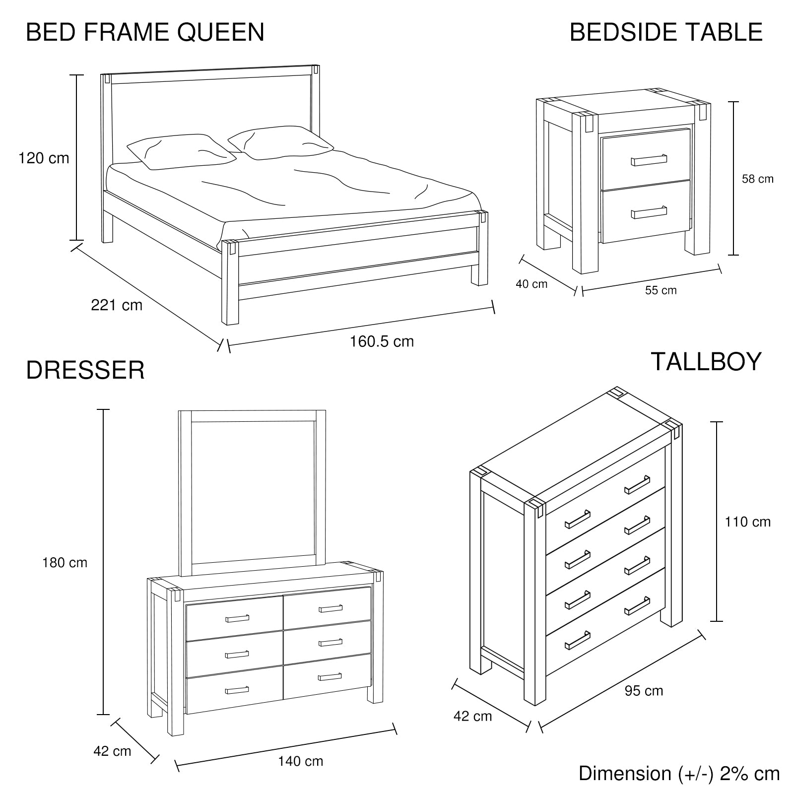 5 Pieces Queen Size Bedroom Suite in Solid Wood