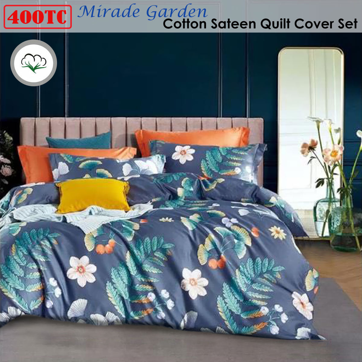 400TC Cotton Sateen Quilt Cover Set Mirade Garden Queen