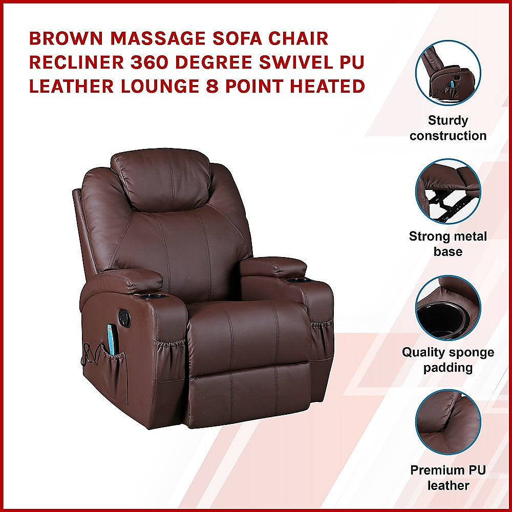 Brown Massage Recliner 360 Degree Swivel PU Leather