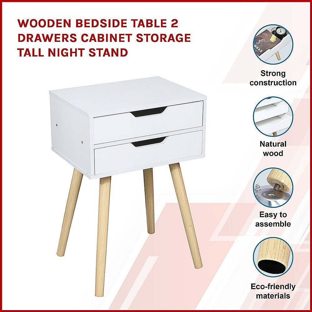 Wooden Bedside Table 2 Drawers Cabinet Storage Tall Night Stand