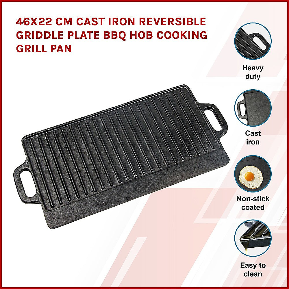 46x22 cm Cast Iron Reversible Griddle Plate BBQ Hob Cooking Grill Pan