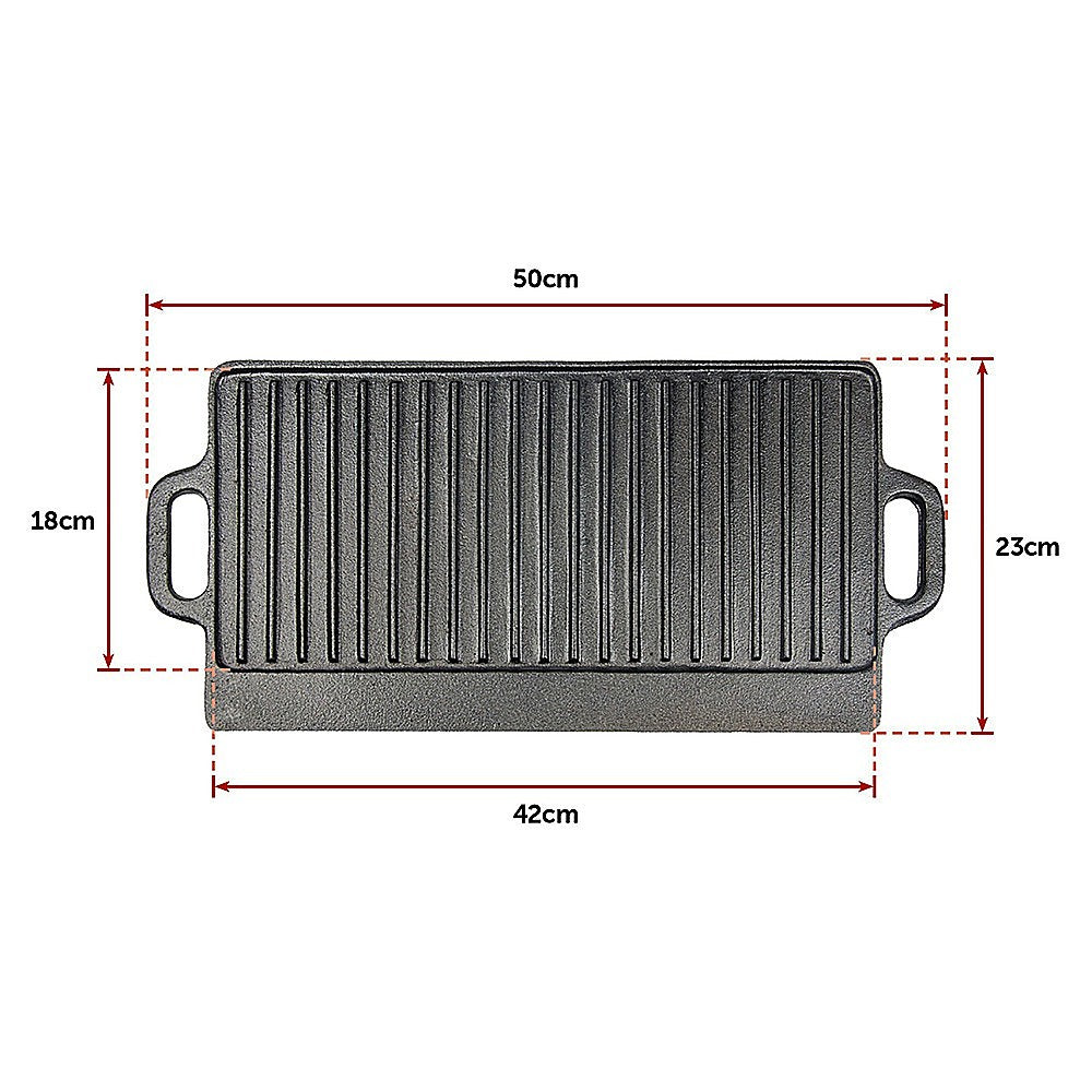 46x22 cm Cast Iron Reversible Griddle Plate BBQ Hob Cooking Grill Pan