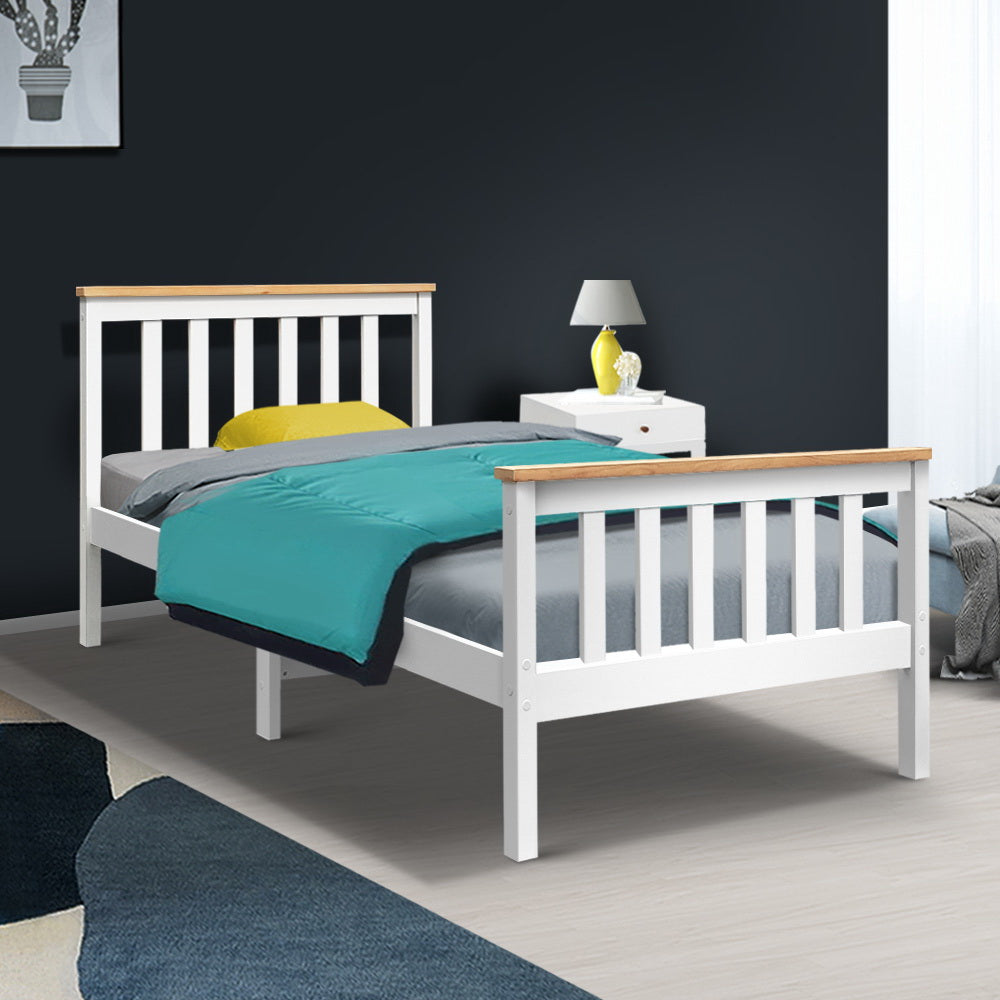 Artiss Bed Frame Single Size Wooden White PONY