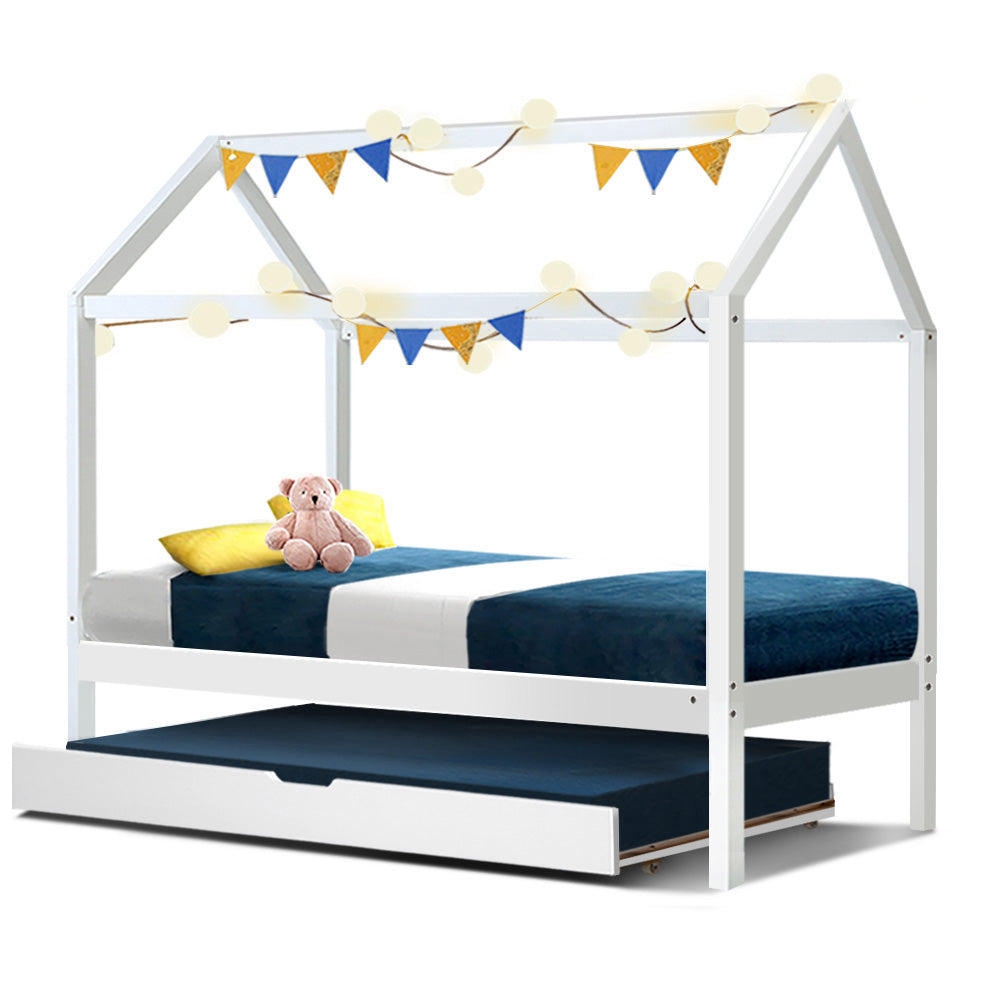 Artiss Bed Frame Wooden Trundle Daybed Kids House Frame White HOLY